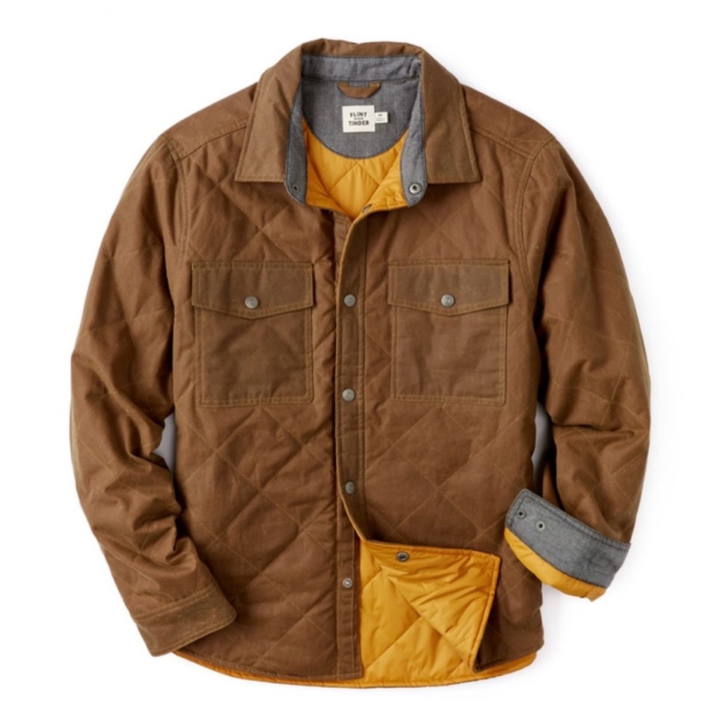Flint And Tinder Quilted Waxed Shirt Jacket, in Brown with Orange Lining.